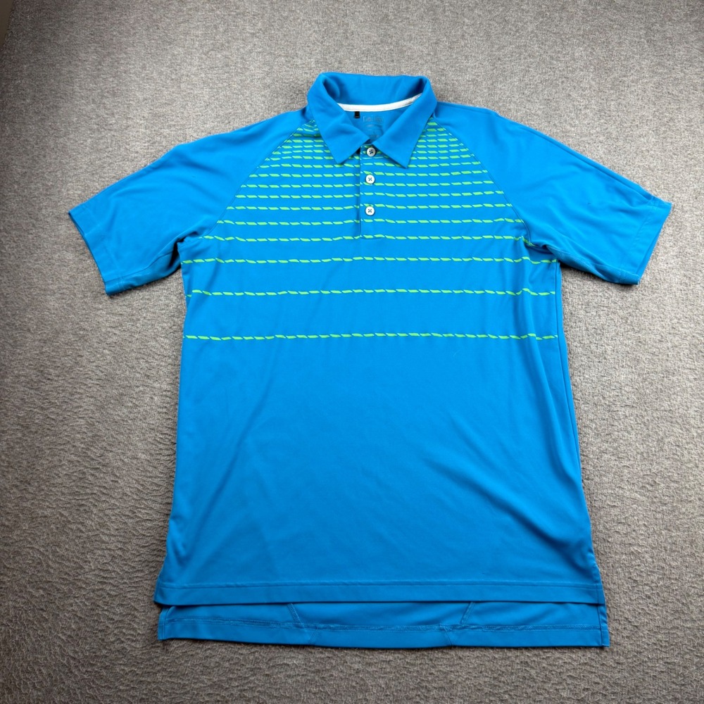 Adidas Golf Polo Shirt Mens Medium Blue Lime Green Striped ClimaCool Short